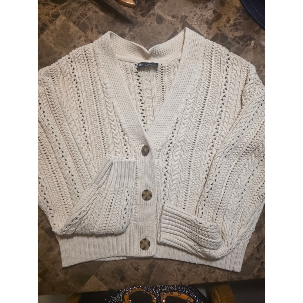 Gap Womens Cardigan Sweater Cream Cropped Pointelle Cable Knit V-Neck Medium - Picture 4 of 9